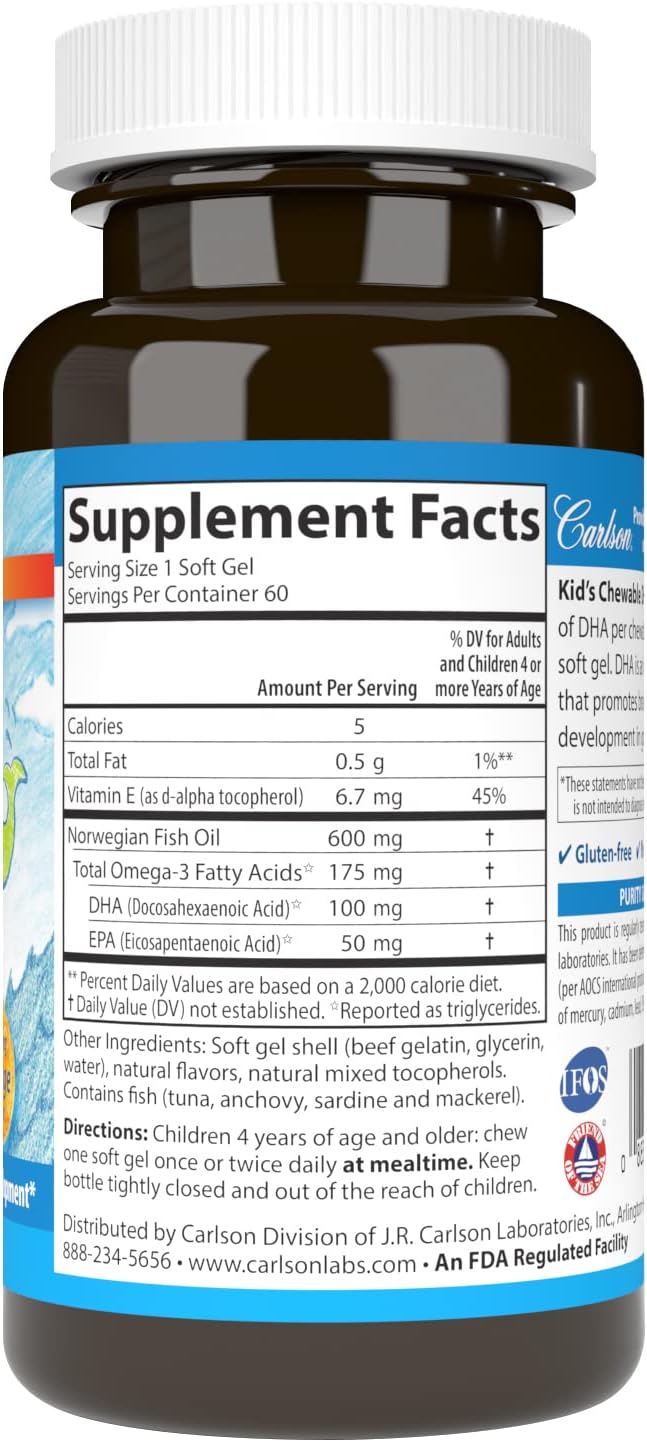 Carlson Kid's Chewable DHA Softgels - 100 mg DHA for Brain & Vision, Growth & Development - Orange Flavor - 60 Count