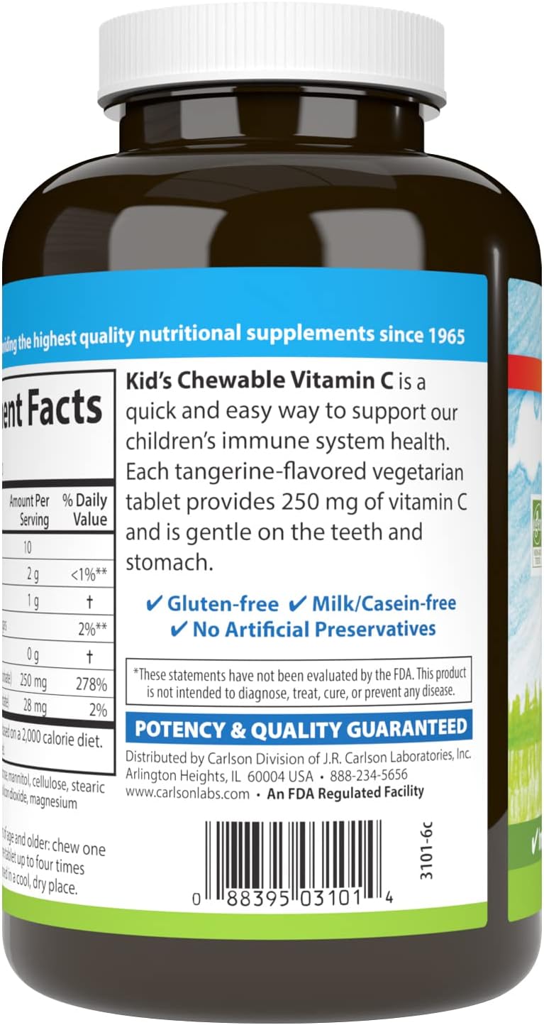 Carlson Kid's Chewable Vitamin C Tablets - 250mg, 1g Sugar, Immune Support, Antioxidant, Tangerine Flavor, 120 Count
