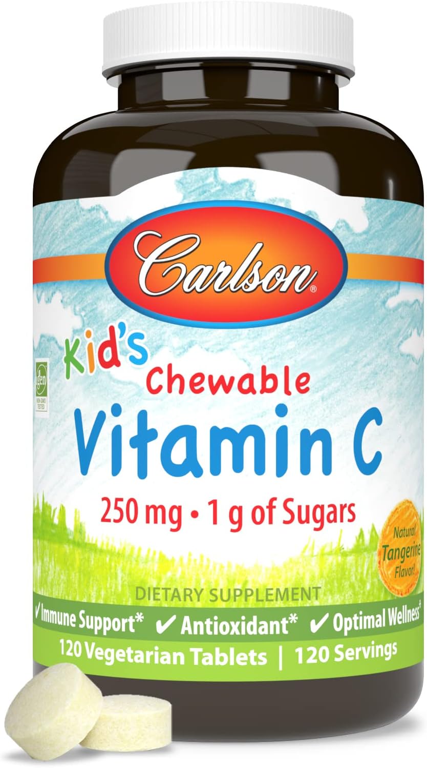 Carlson Kid's Chewable Vitamin C Tablets - 250mg, 1g Sugar, Immune Support, Antioxidant, Tangerine Flavor, 120 Count