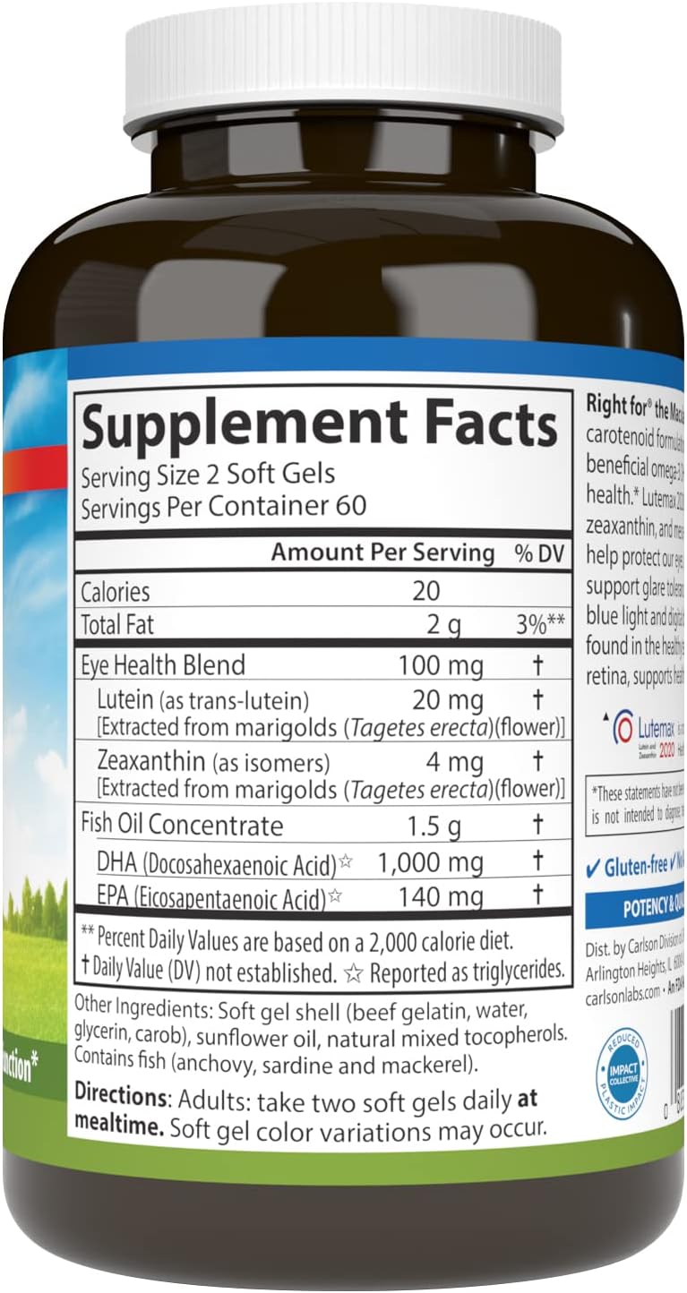 Carlson Macula Support Softgels - Clinically Proven Vision & Eye Health, Blue Light Protection - 120 Count