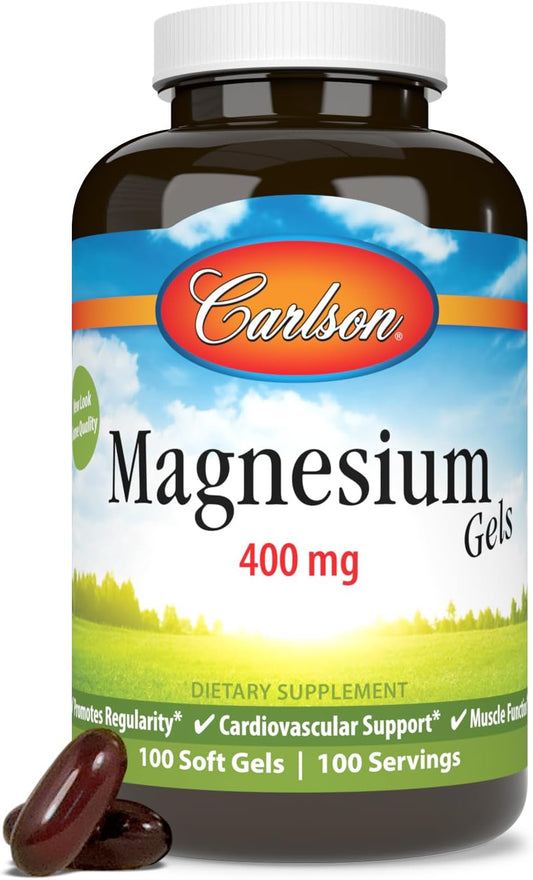 Carlson Magnesium Gels - 400mg Softgels for Heart, Muscle, and Bowel Support - 100 Count Bottle