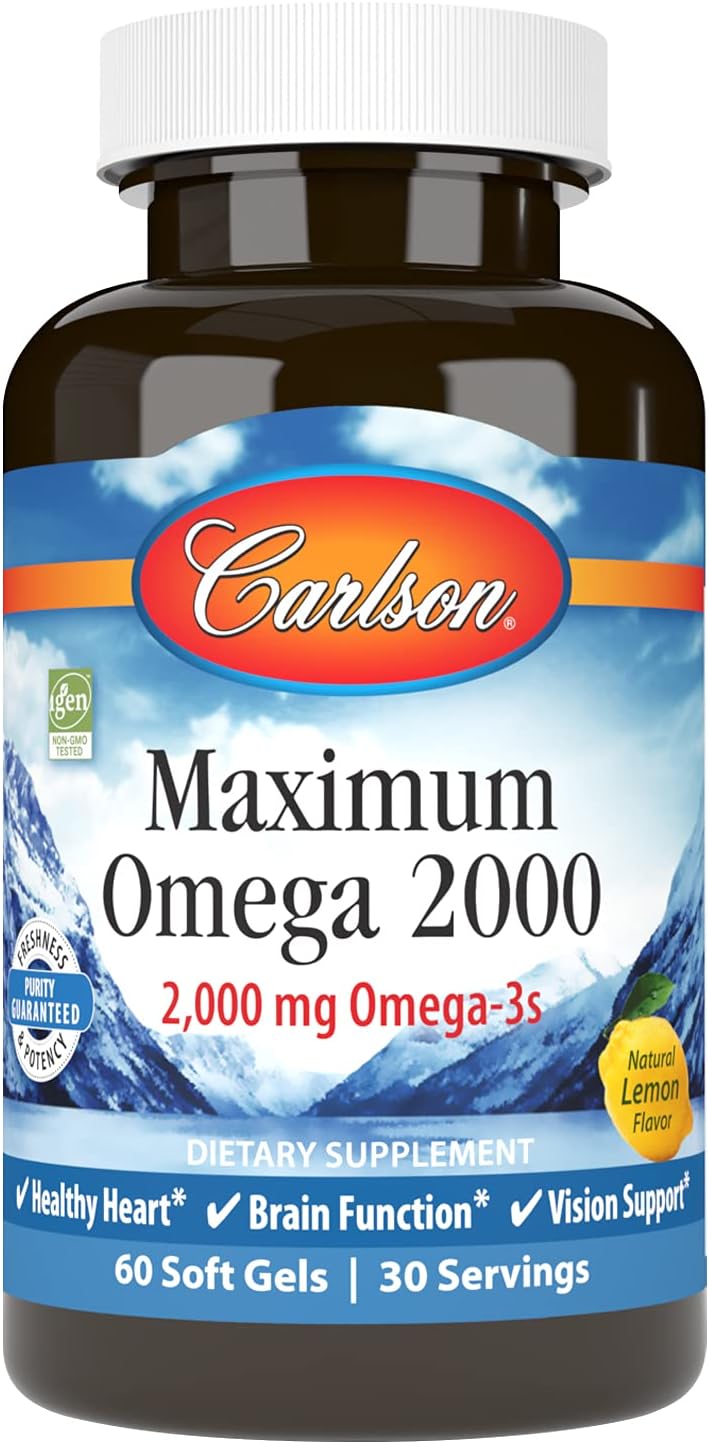 Carlson Maximum Omega 2000 - 2000mg Norwegian Fish Oil Capsules with EPA and DHA, Lemon Flavor, 60 Softgels, Sustainably Sourced Omega-3 Supplement