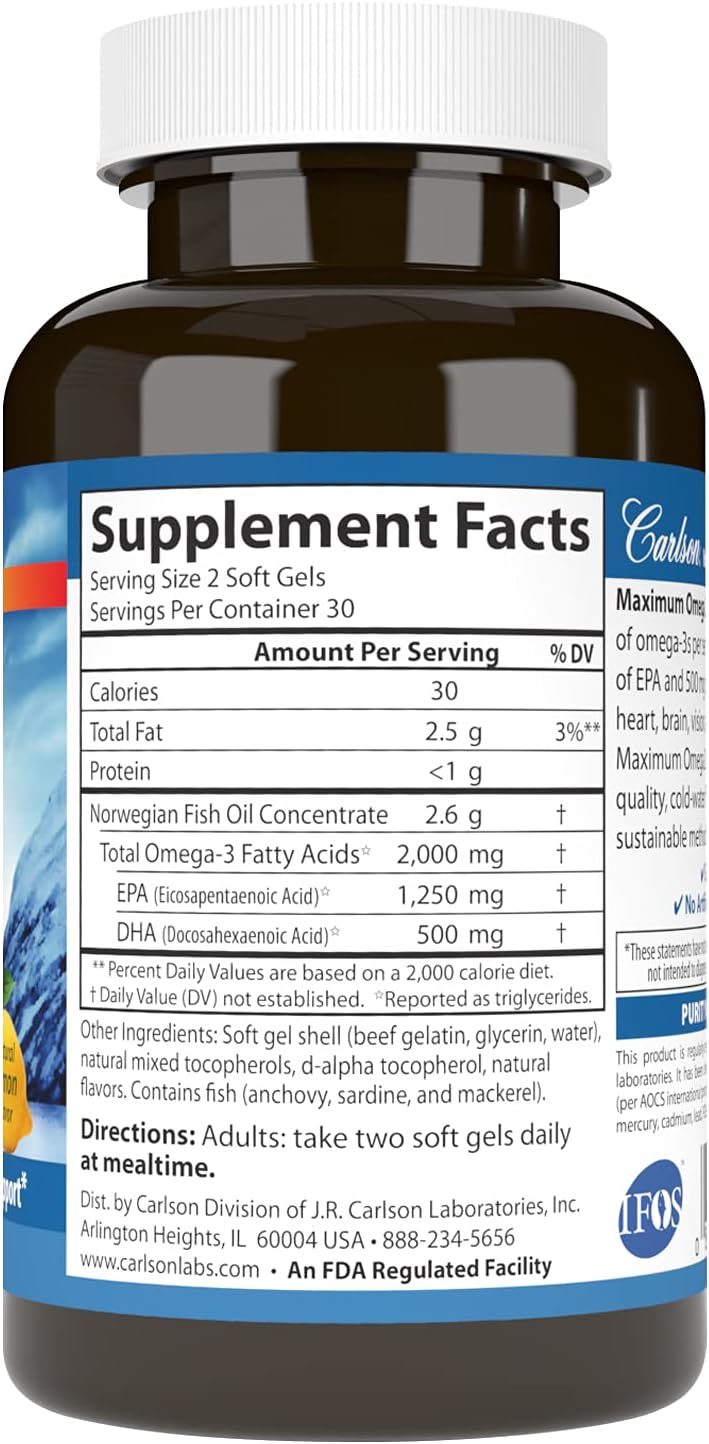 Carlson Maximum Omega 2000 - 2000mg Norwegian Fish Oil Capsules with EPA and DHA, Lemon Flavor, 60 Softgels, Sustainably Sourced Omega-3 Supplement
