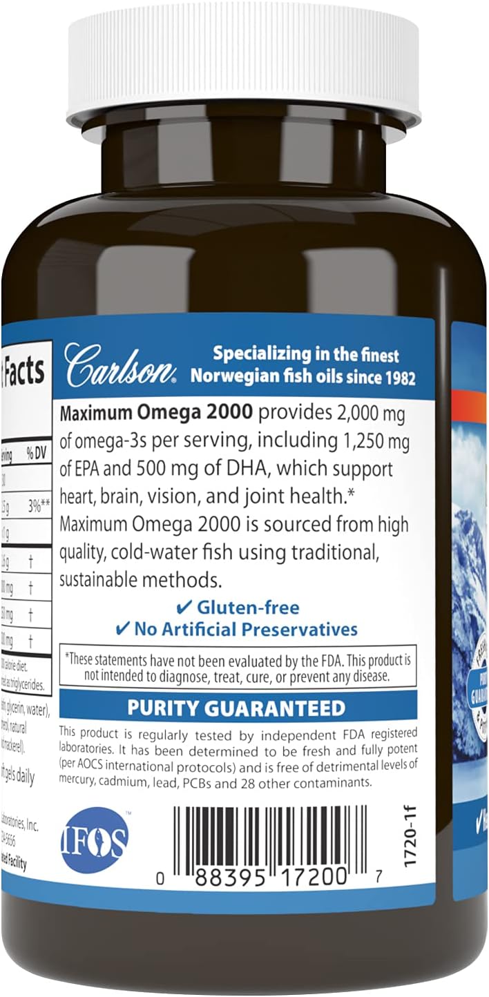 Carlson Maximum Omega 2000 - 2000mg Norwegian Fish Oil Capsules with EPA and DHA, Lemon Flavor, 60 Softgels, Sustainably Sourced Omega-3 Supplement