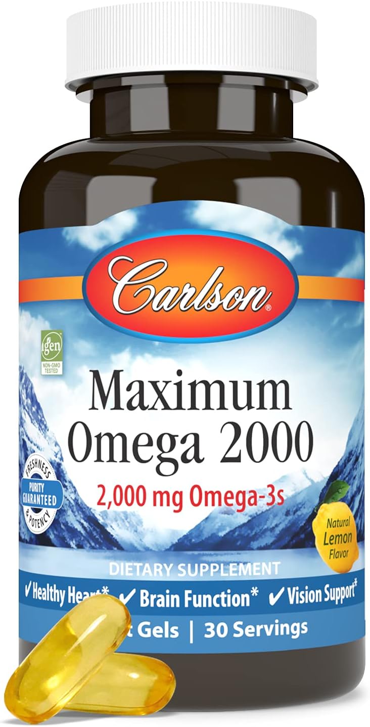 Carlson Maximum Omega 2000 - 2000mg Norwegian Fish Oil Capsules with EPA and DHA, Lemon Flavor, 60 Softgels, Sustainably Sourced Omega-3 Supplement