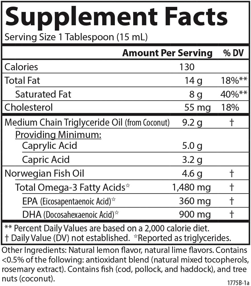 Carlson MCT & Omega-3 Lemon-Lime Liquid, 1480mg Omega-3s, 9200mg MCTs, Keto-Friendly, Caprylic & Capric Acids, Energy & Fat Metabolism - 500mL