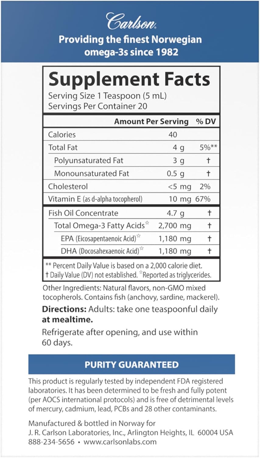 Carlson Med Omega 2,700 mg Norwegian Fish Oil Supplement for Heart, Brain, and Vision Support - Lemon-Lime Flavor - 100 mL