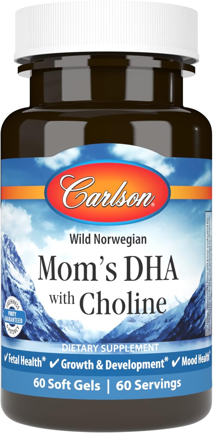 Carlson Mom's DHA with Choline Softgels, Promotes Growth and Development, 3:1 DHA to EPA Ratio, 60 Count