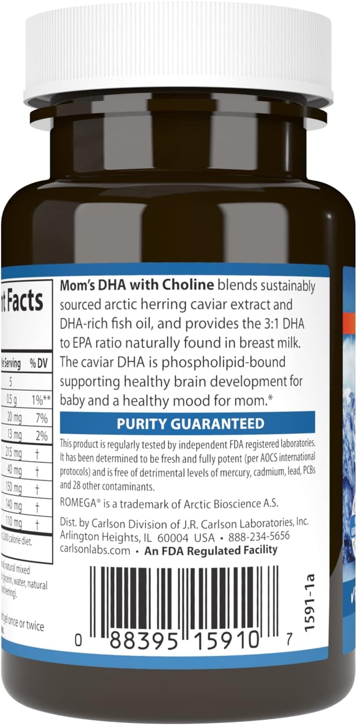Carlson Mom's DHA with Choline Softgels, Promotes Growth and Development, 3:1 DHA to EPA Ratio, 60 Count