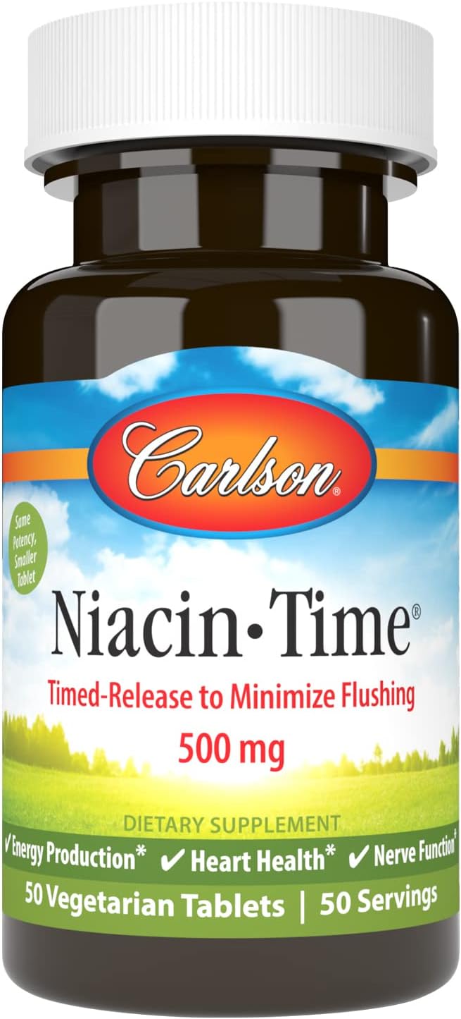 Carlson Niacin-Time 500mg Time-Release Vitamin B-3 for Cholesterol & Heart Health - 50 Tablets