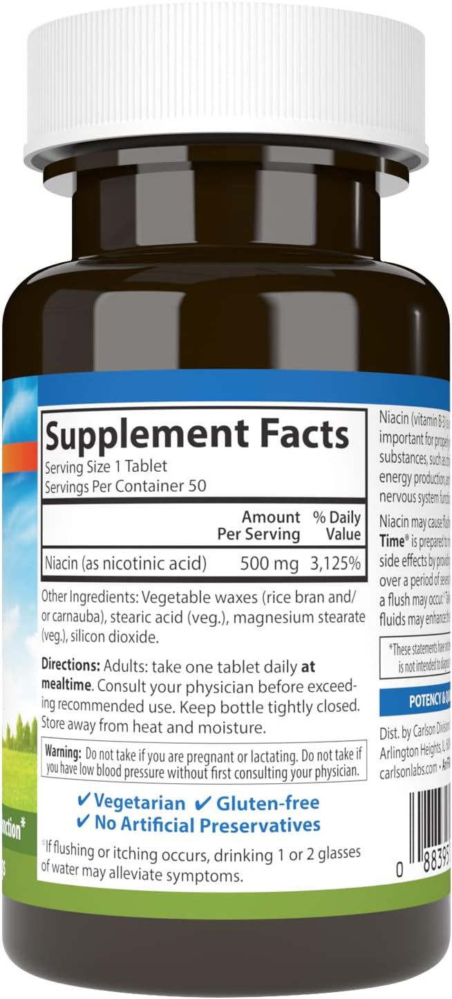 Carlson Niacin-Time 500mg Time-Release Vitamin B-3 for Cholesterol & Heart Health - 50 Tablets