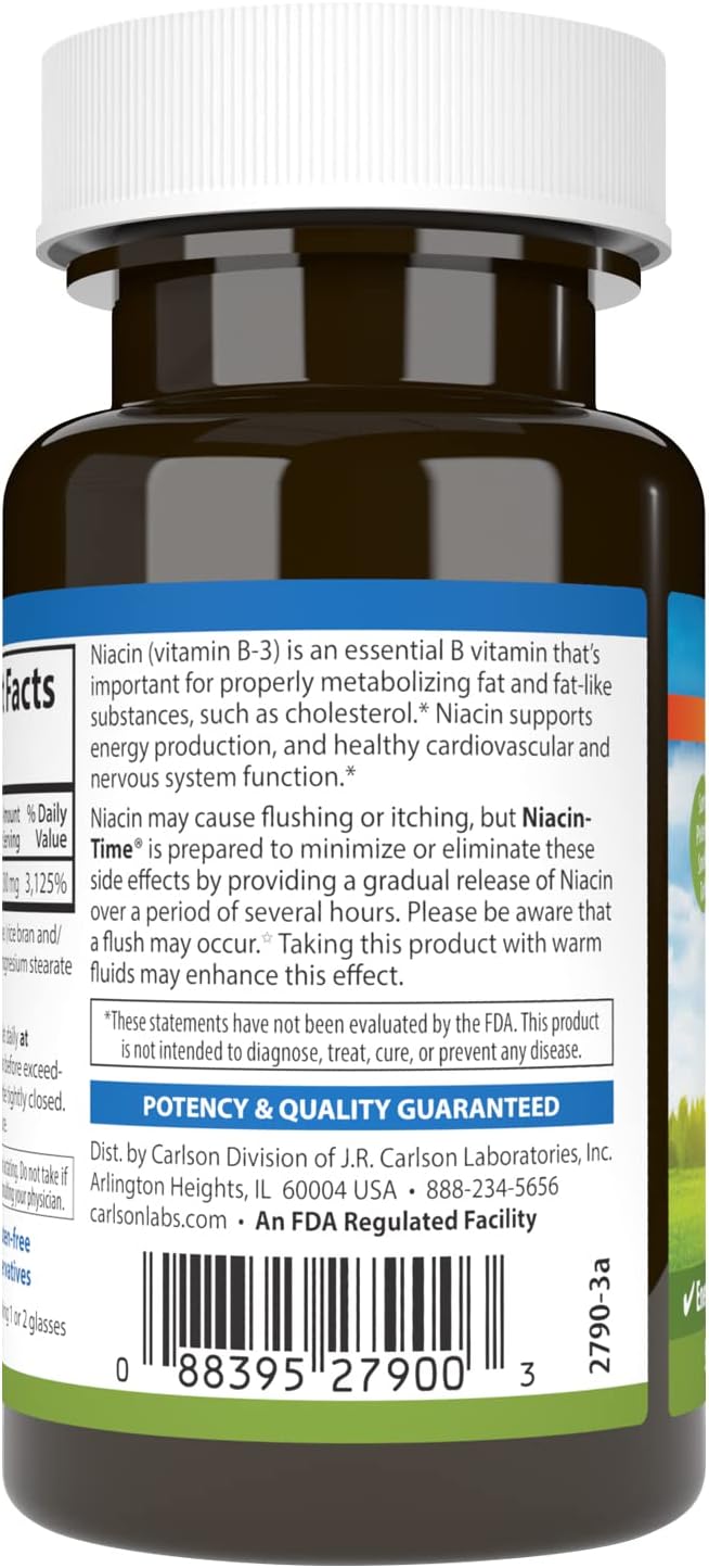 Carlson Niacin-Time 500mg Time-Release Vitamin B-3 for Cholesterol & Heart Health - 50 Tablets