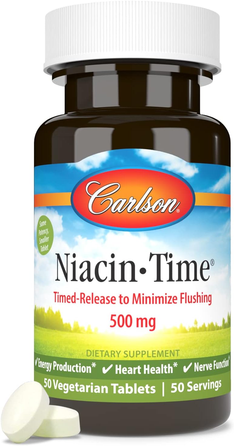 Carlson Niacin-Time 500mg Time-Release Vitamin B-3 for Cholesterol & Heart Health - 50 Tablets
