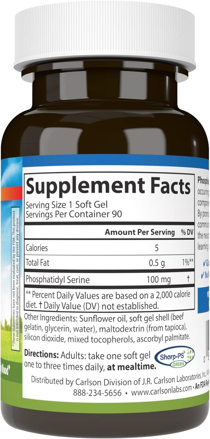 Carlson Phosphatidyl Serine Softgels 100mg - Non-GMO Brain Function Support - 90 Count