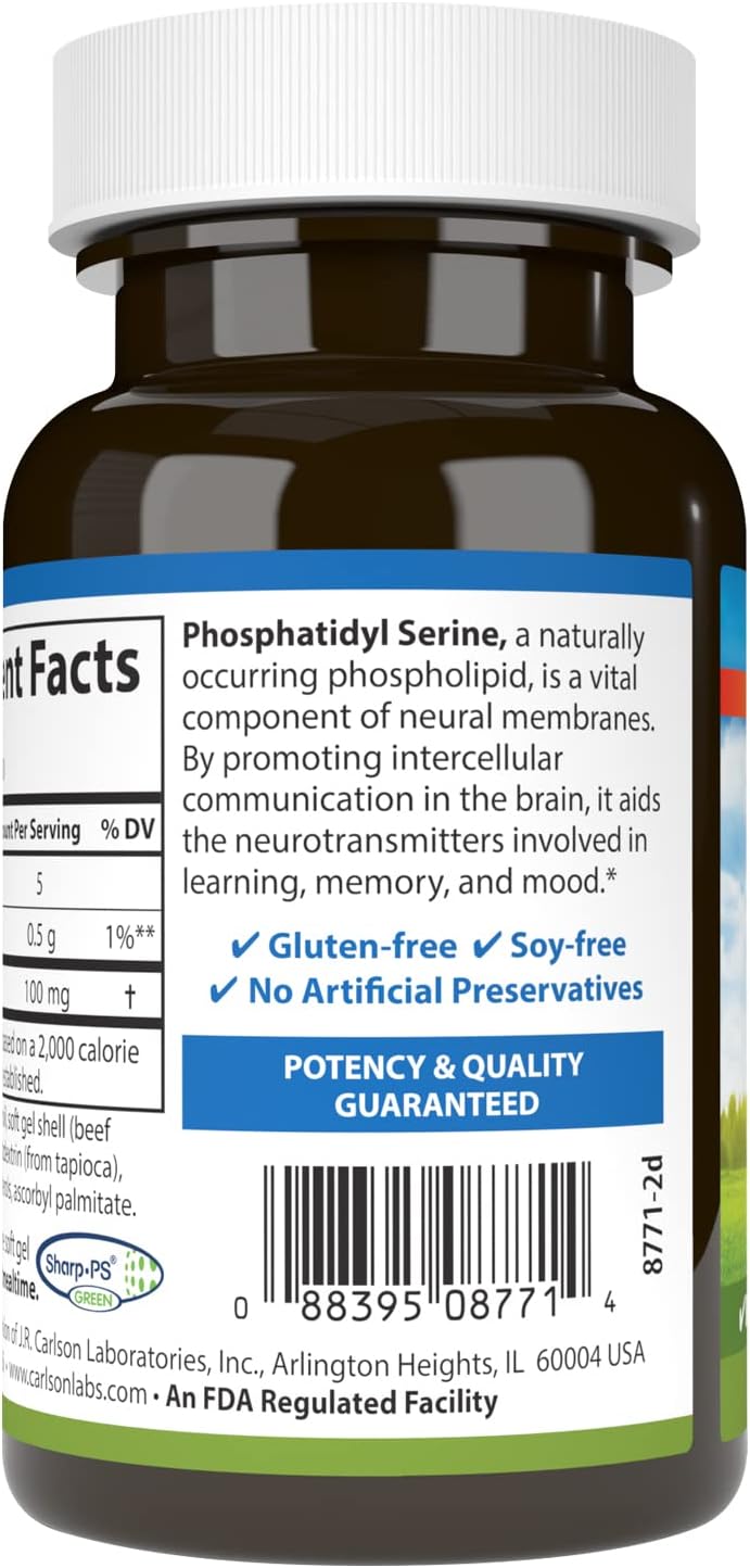 Carlson Phosphatidyl Serine Softgels 100mg - Non-GMO Brain Function Support - 90 Count