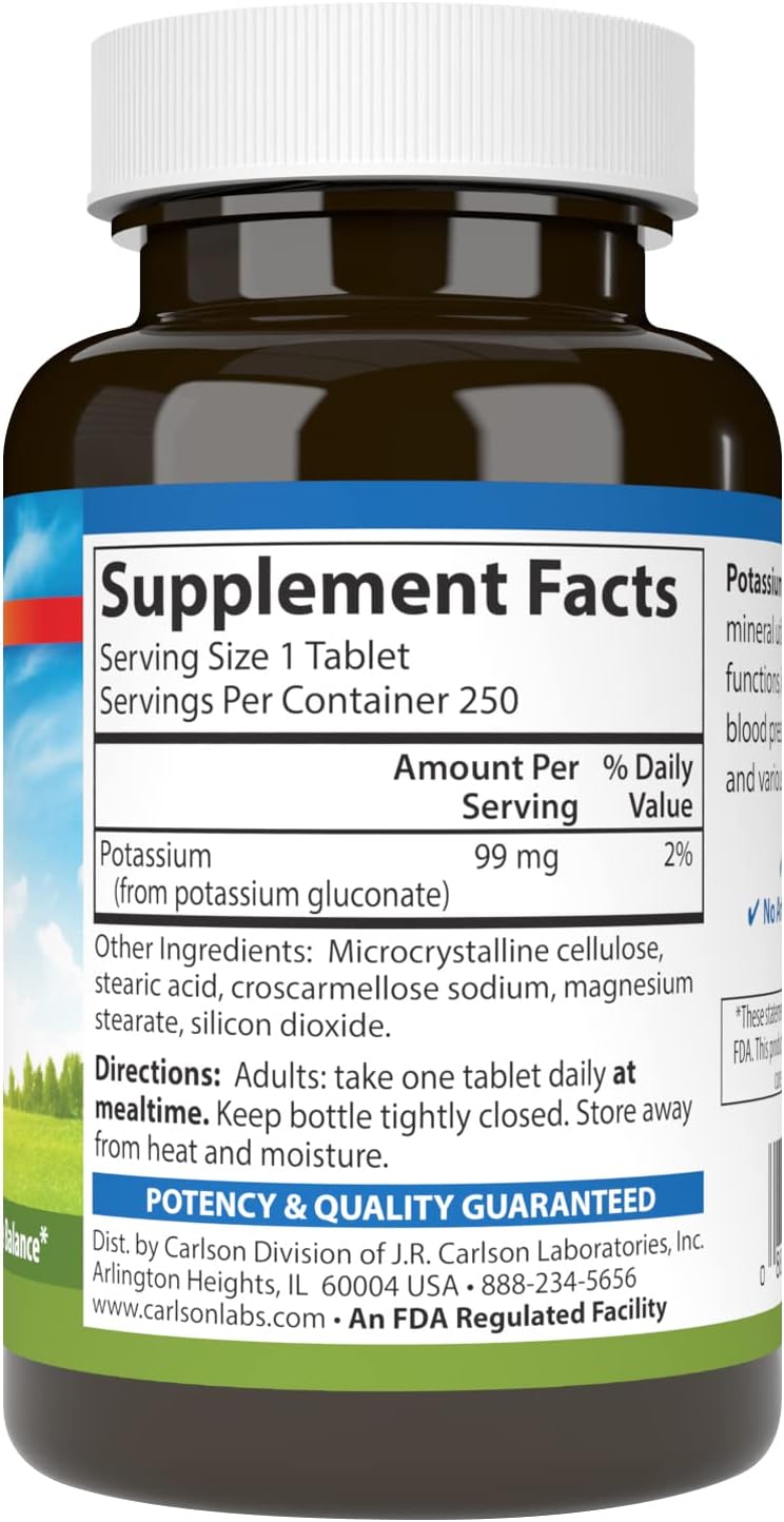 Carlson Potassium Supplement 99mg for Nerve Health & Muscle Function - 250 Tablets