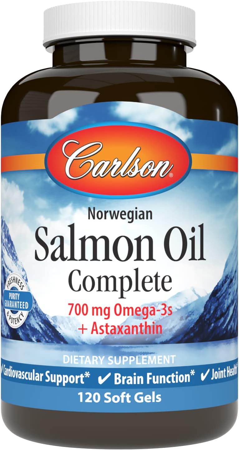 Carlson Salmon Oil Complete Soft Gels - 700mg Omega-3s + Astaxanthin for Cardiovascular, Brain, & Joint Health - 120 Count