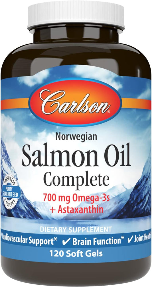 Carlson Salmon Oil Complete Soft Gels - 700mg Omega-3s + Astaxanthin for Cardiovascular, Brain, & Joint Health - 120 Count