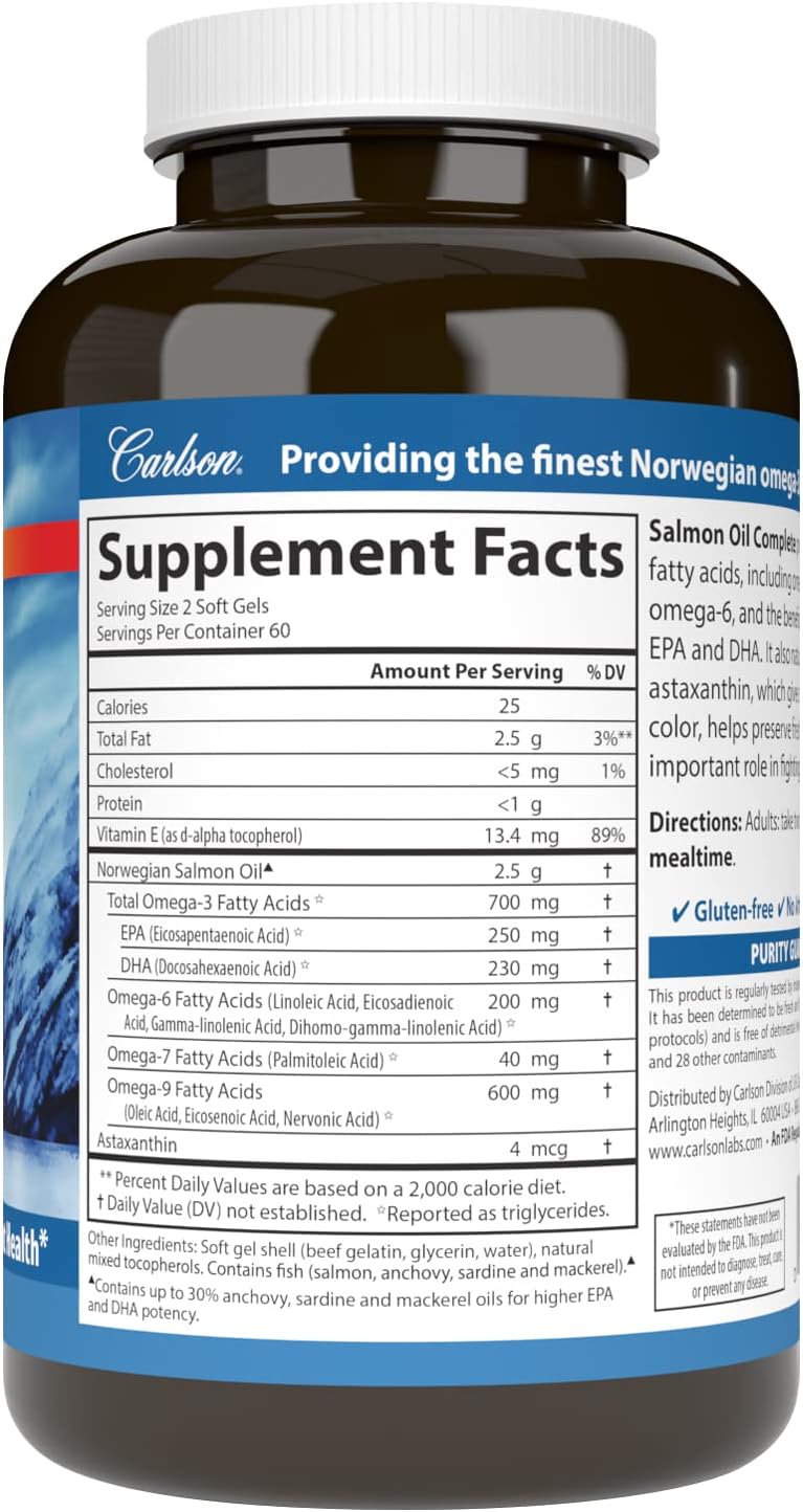 Carlson Salmon Oil Complete Soft Gels - 700mg Omega-3s + Astaxanthin for Cardiovascular, Brain, & Joint Health - 120 Count