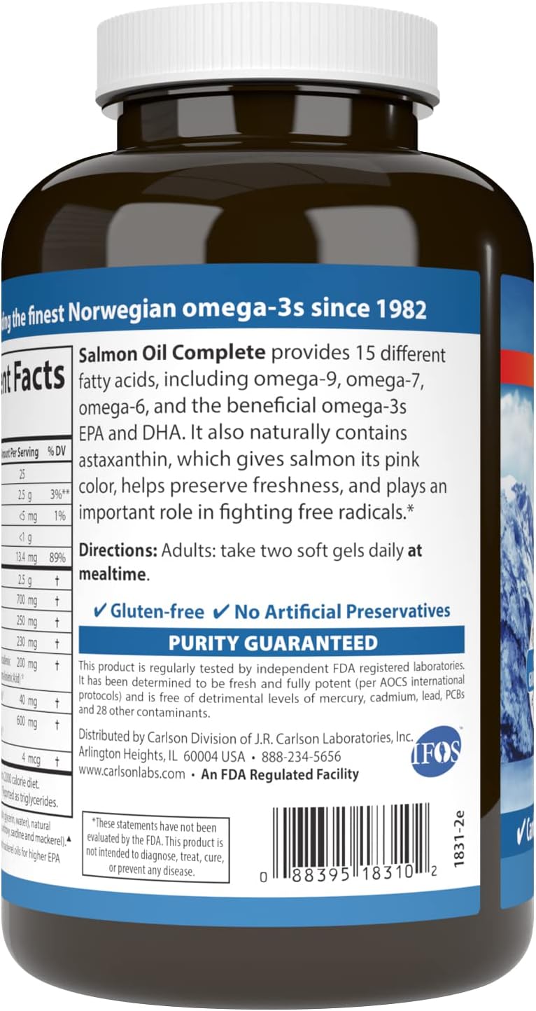 Carlson Salmon Oil Complete Soft Gels - 700mg Omega-3s + Astaxanthin for Cardiovascular, Brain, & Joint Health - 120 Count
