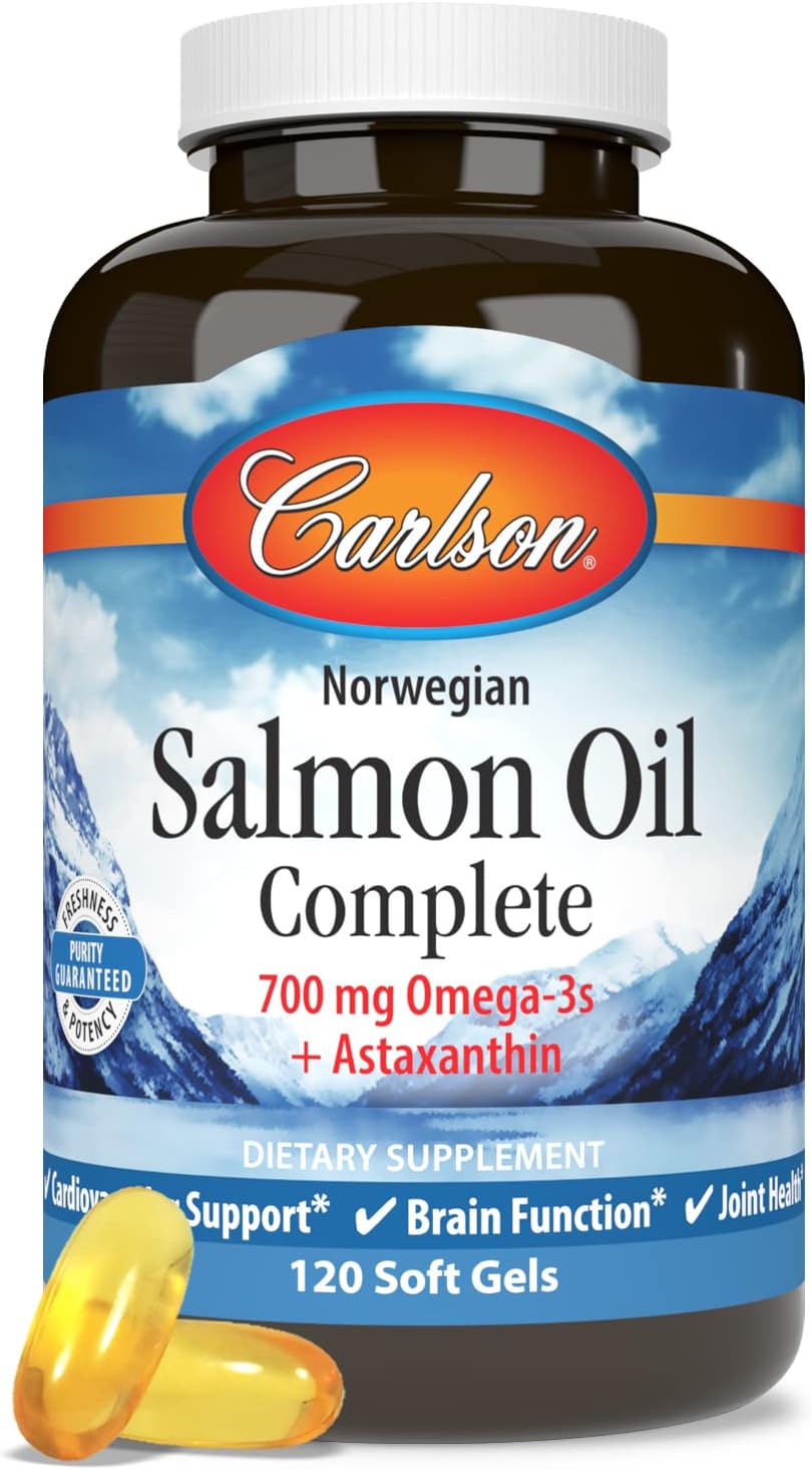Carlson Salmon Oil Complete Soft Gels - 700mg Omega-3s + Astaxanthin for Cardiovascular, Brain, & Joint Health - 120 Count