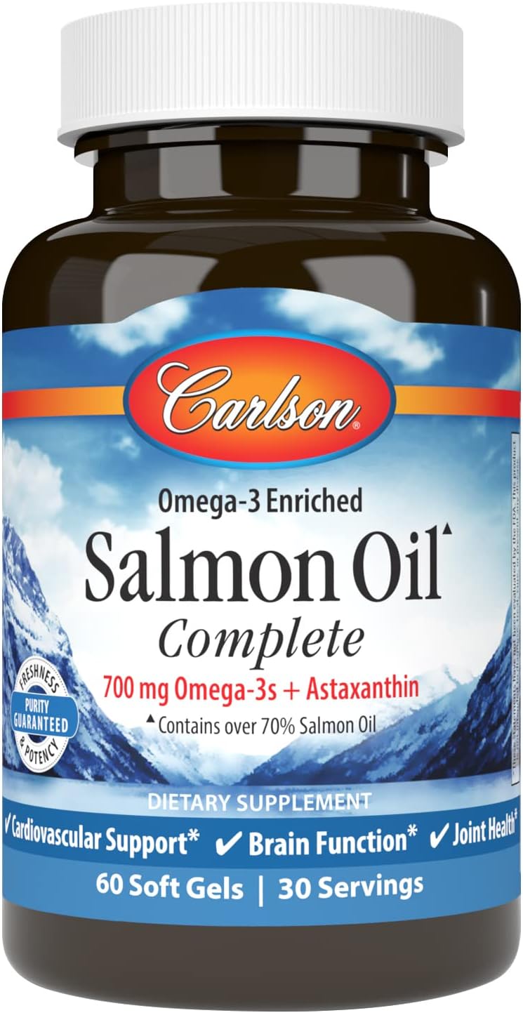 Carlson Salmon Oil Complete Softgels - 700mg Omega-3s & Astaxanthin for Cardiovascular, Brain, & Joint Health (60 Count)