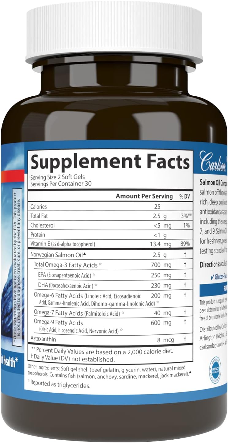 Carlson Salmon Oil Complete Softgels - 700mg Omega-3s & Astaxanthin for Cardiovascular, Brain, & Joint Health (60 Count)