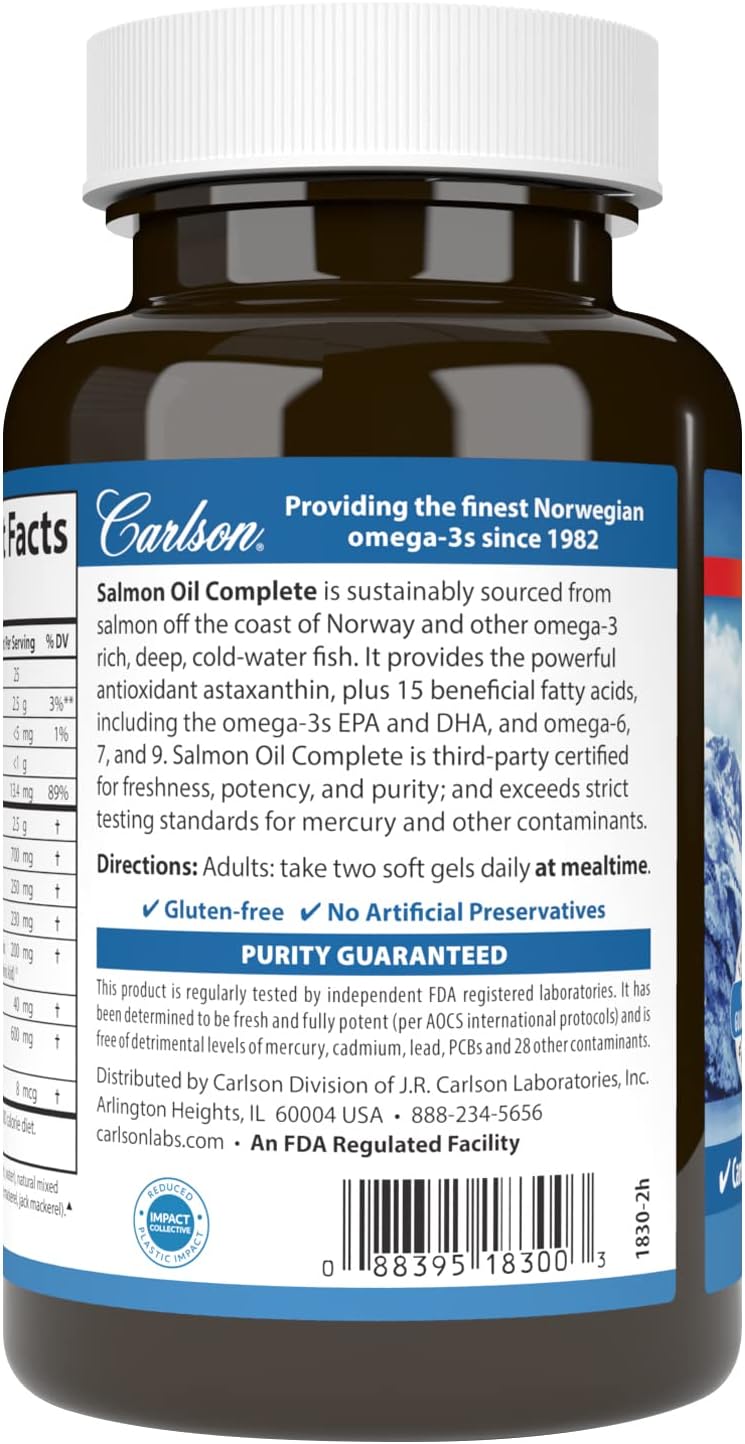Carlson Salmon Oil Complete Softgels - 700mg Omega-3s & Astaxanthin for Cardiovascular, Brain, & Joint Health (60 Count)