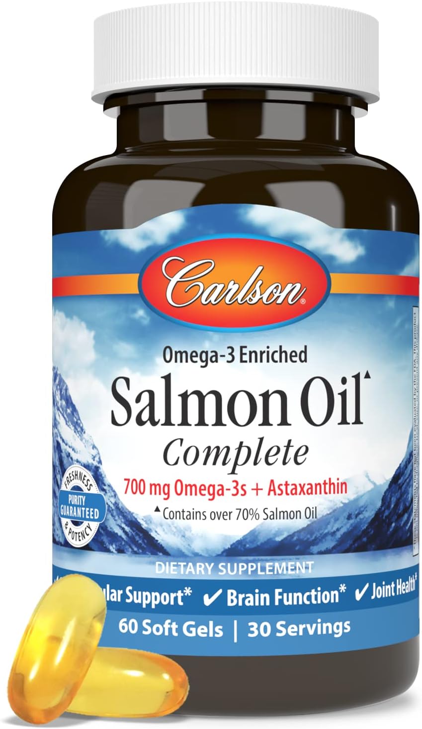 Carlson Salmon Oil Complete Softgels - 700mg Omega-3s & Astaxanthin for Cardiovascular, Brain, & Joint Health (60 Count)