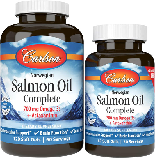 Carlson Salmon Oil Complete Softgels: 700mg Omega-3s + Astaxanthin for Heart, Brain, & Joint Health - 180 Count