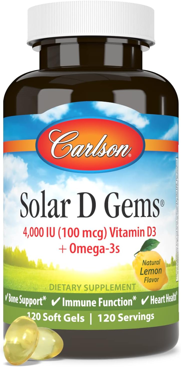 Carlson Solar D Gems Lemon Softgels - 4000 IU Vitamin D3, 115 mg Omega-3 EPA and DHA, Bone & Immune Health Supplement