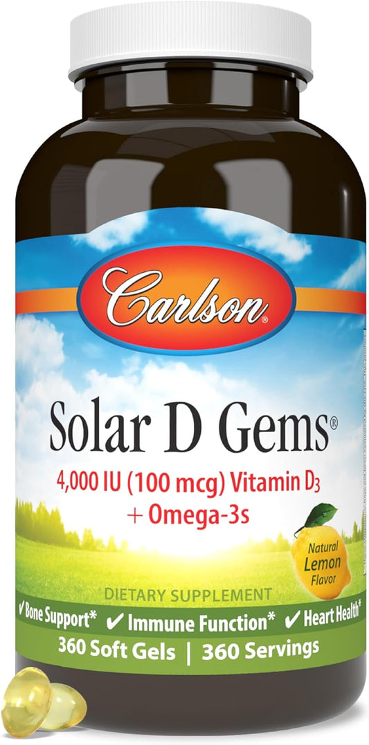 Carlson Solar D Gems Lemon Softgels - Vitamin D3 & Omega-3 Supplement, 4000 IU D3, 115 mg EPA & DHA, Bone & Immune Health, 360 Count