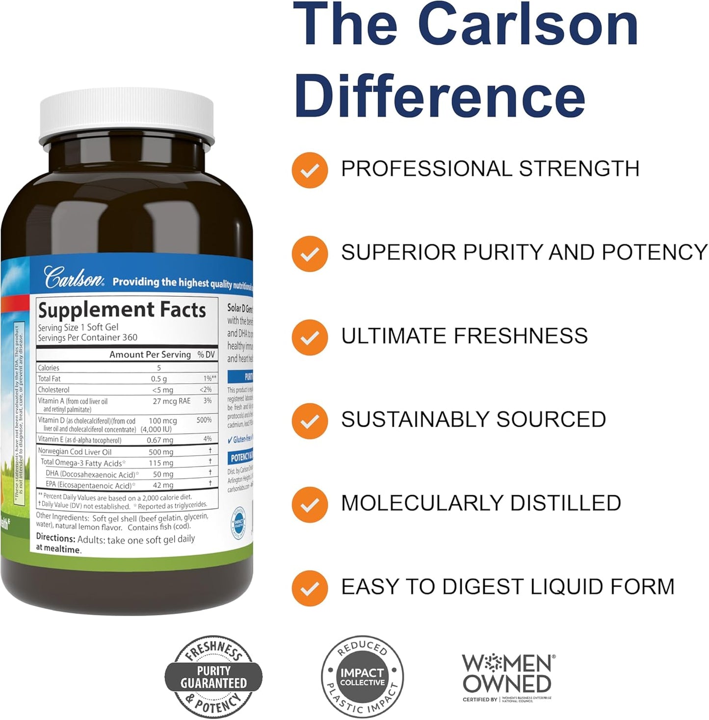 Carlson Solar D Gems Lemon Softgels - Vitamin D3 & Omega-3 Supplement, 4000 IU D3, 115 mg EPA & DHA, Bone & Immune Health, 360 Count