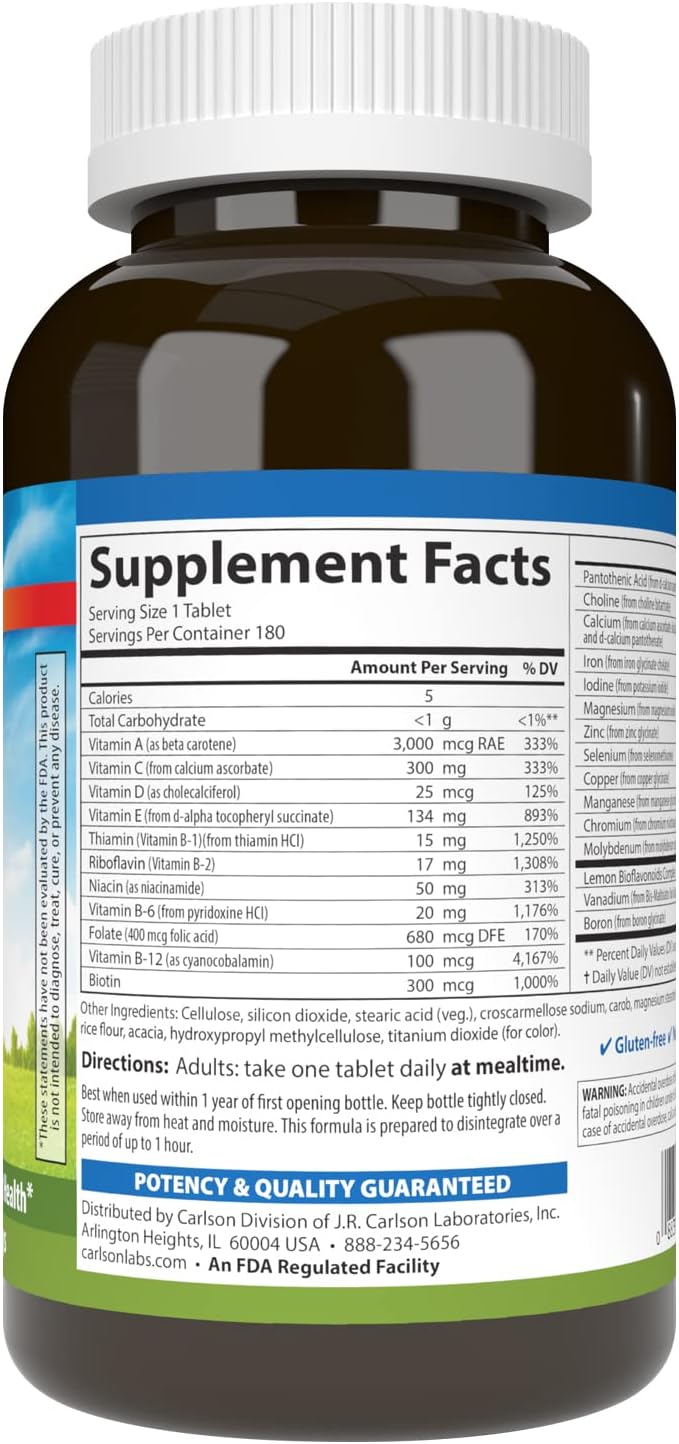 Carlson Super 1 Daily Vegetarian Multivitamin Tablets for Optimal Wellness - 180 Count