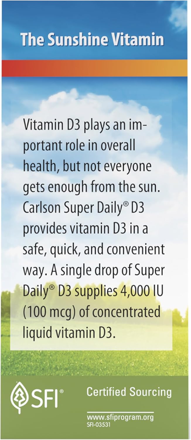 Carlson Super Daily D3 4000 IU Liquid Vitamin D3 Drops, 1-Year Supply, Unflavored, 365 Drops