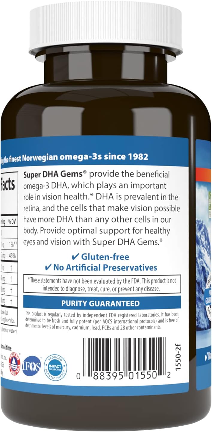 Carlson Super DHA Gems - 500mg Norwegian Fish Oil Concentrate Softgels for Cognitive Health - 60 Capsules