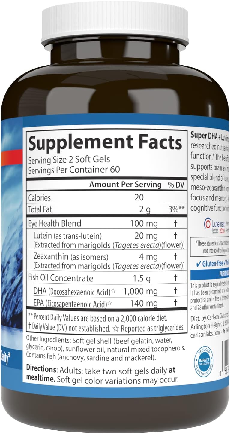 Carlson Super DHA Plus Lutein Softgels - 1000 mg DHA with 20 mg Lutein - 120 Count