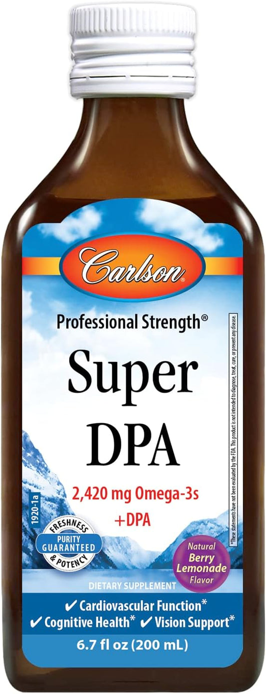 Carlson Super DPA Liquid Supplement with 2,420mg Omega-3s, 300mg DPA for Heart Health and Cognitive Function, Berry Lemonade Flavor, 200mL