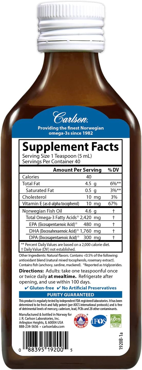 Carlson Super DPA Liquid Supplement with 2,420mg Omega-3s, 300mg DPA for Heart Health and Cognitive Function, Berry Lemonade Flavor, 200mL
