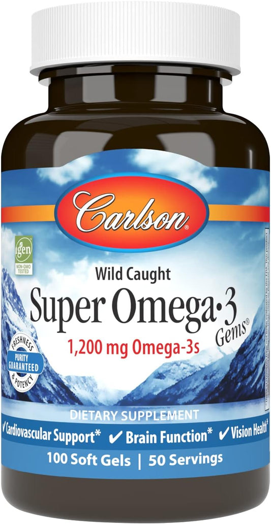Carlson Super Omega-3 Gems 1200mg EPA & DHA Wild Norwegian Fish Oil 100 Softgels
