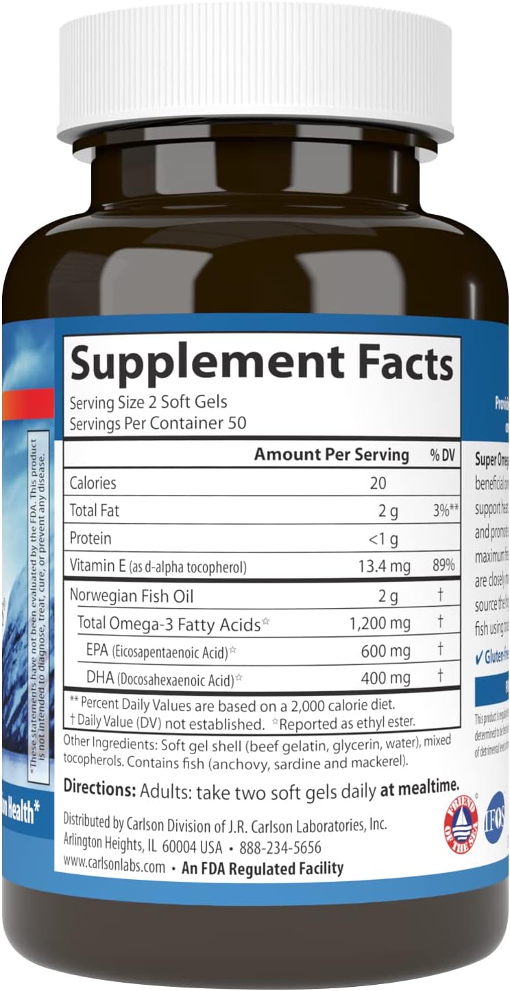 Carlson Super Omega-3 Gems 1200mg EPA & DHA Wild Norwegian Fish Oil 100 Softgels
