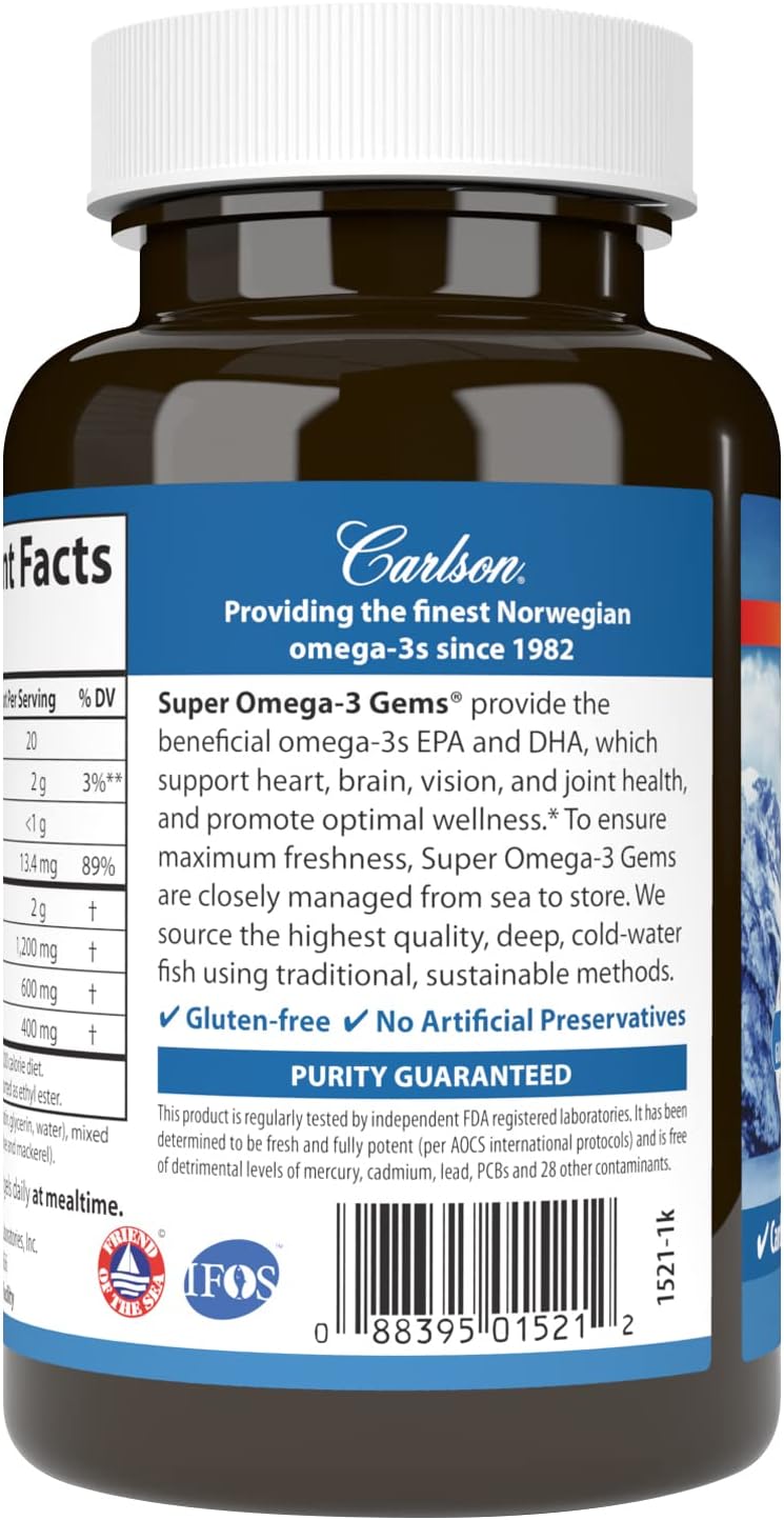 Carlson Super Omega-3 Gems 1200mg EPA & DHA Wild Norwegian Fish Oil 100 Softgels