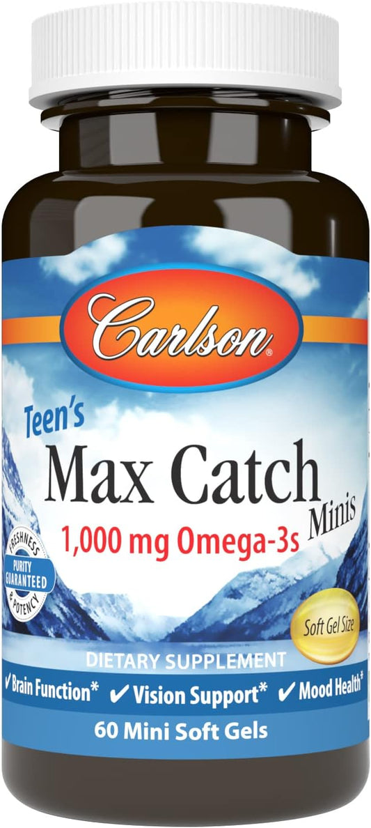 Carlson Teen's Max Catch Minis - 1000mg Omega-3s for Brain, Vision, and Mood Health - 60 Softgels