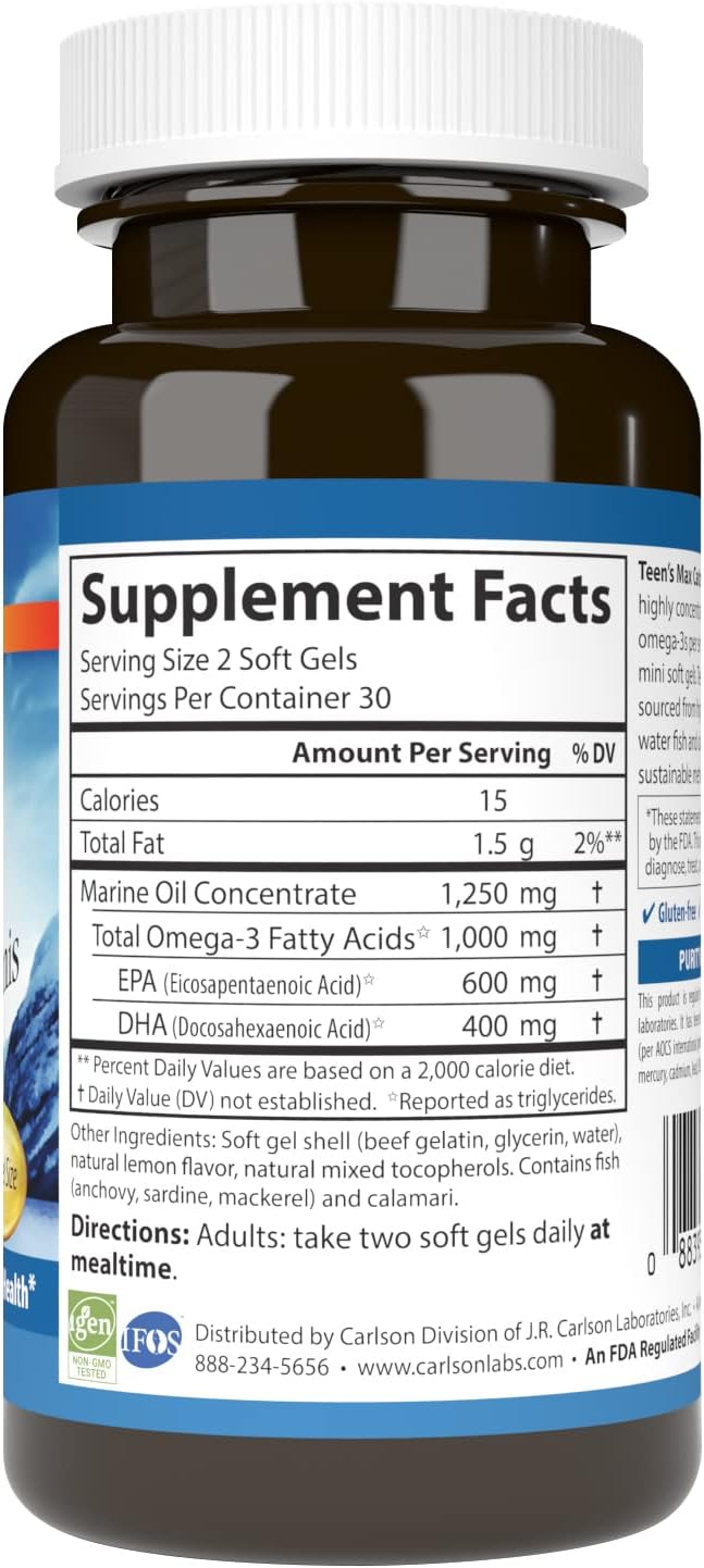 Carlson Teen's Max Catch Minis - 1000mg Omega-3s for Brain, Vision, and Mood Health - 60 Softgels