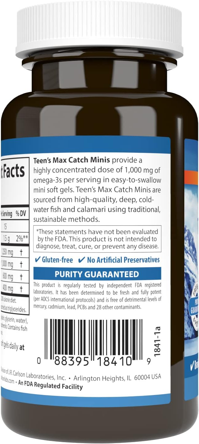Carlson Teen's Max Catch Minis - 1000mg Omega-3s for Brain, Vision, and Mood Health - 60 Softgels