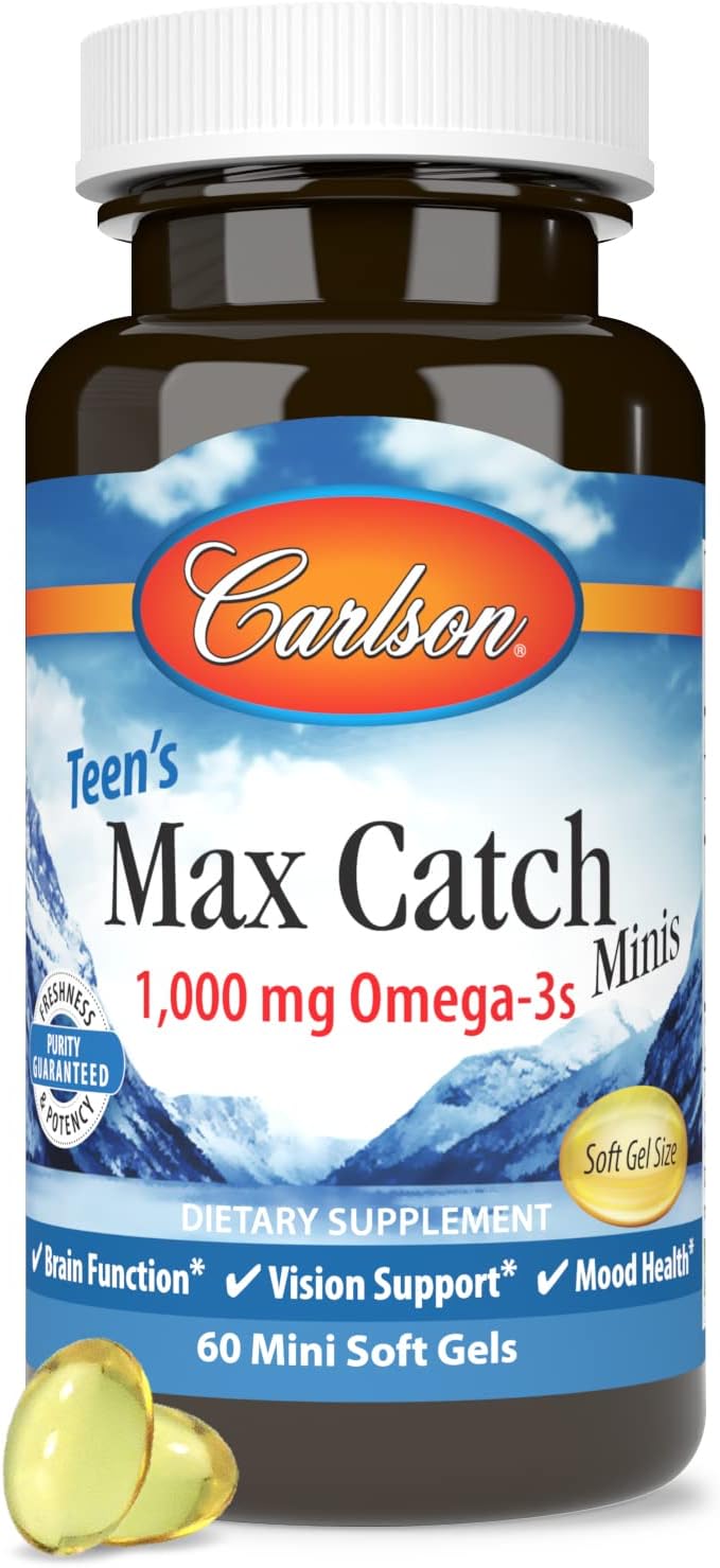 Carlson Teen's Max Catch Minis - 1000mg Omega-3s for Brain, Vision, and Mood Health - 60 Softgels
