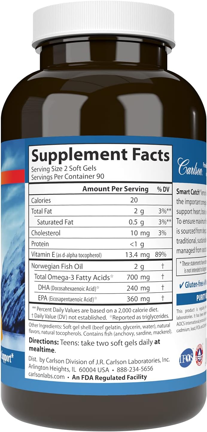 Carlson Teen's Smart Catch Omega-3s for Cognitive Development, Brain Function, and Vision Support - Lemon Flavor, 180 Softgels