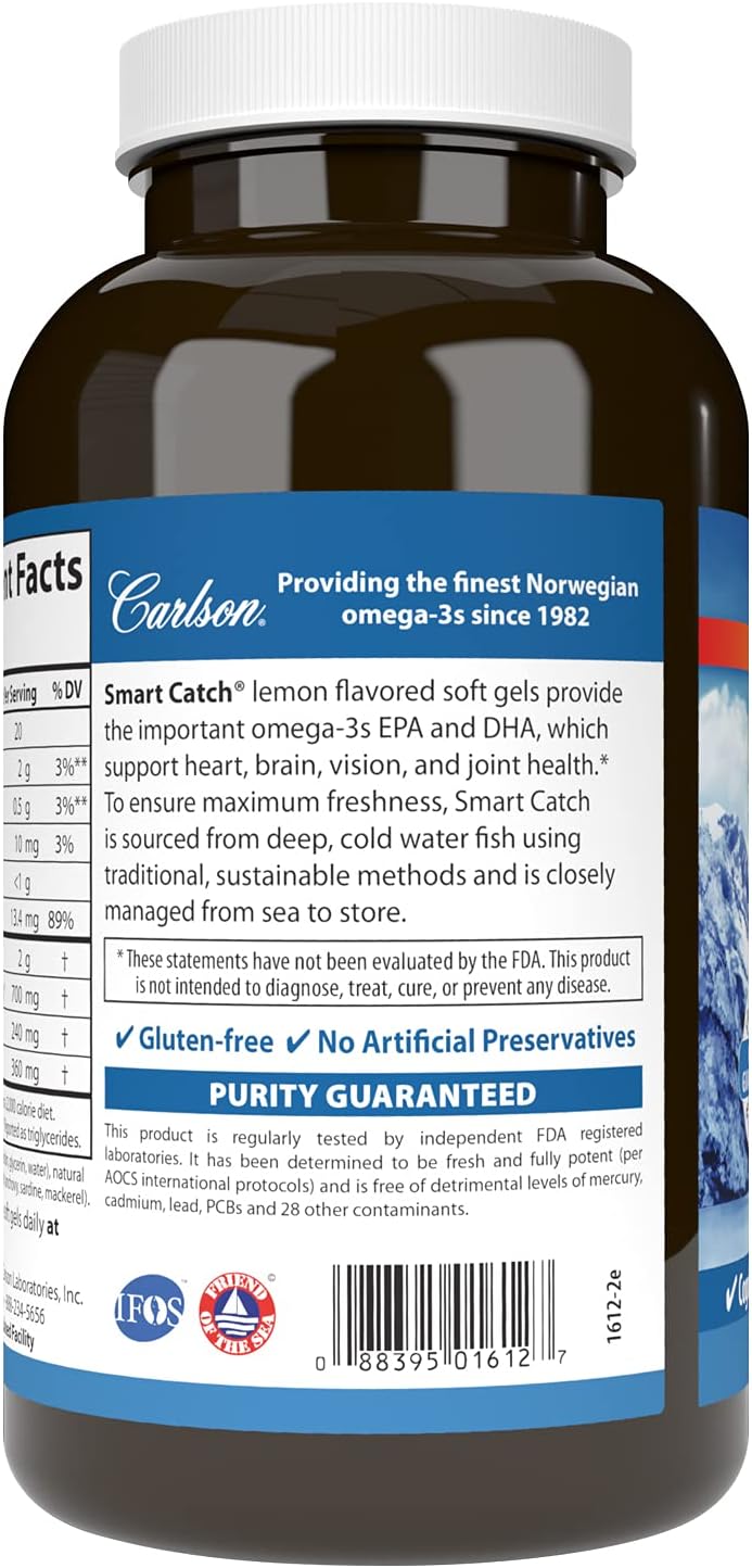 Carlson Teen's Smart Catch Omega-3s for Cognitive Development, Brain Function, and Vision Support - Lemon Flavor, 180 Softgels