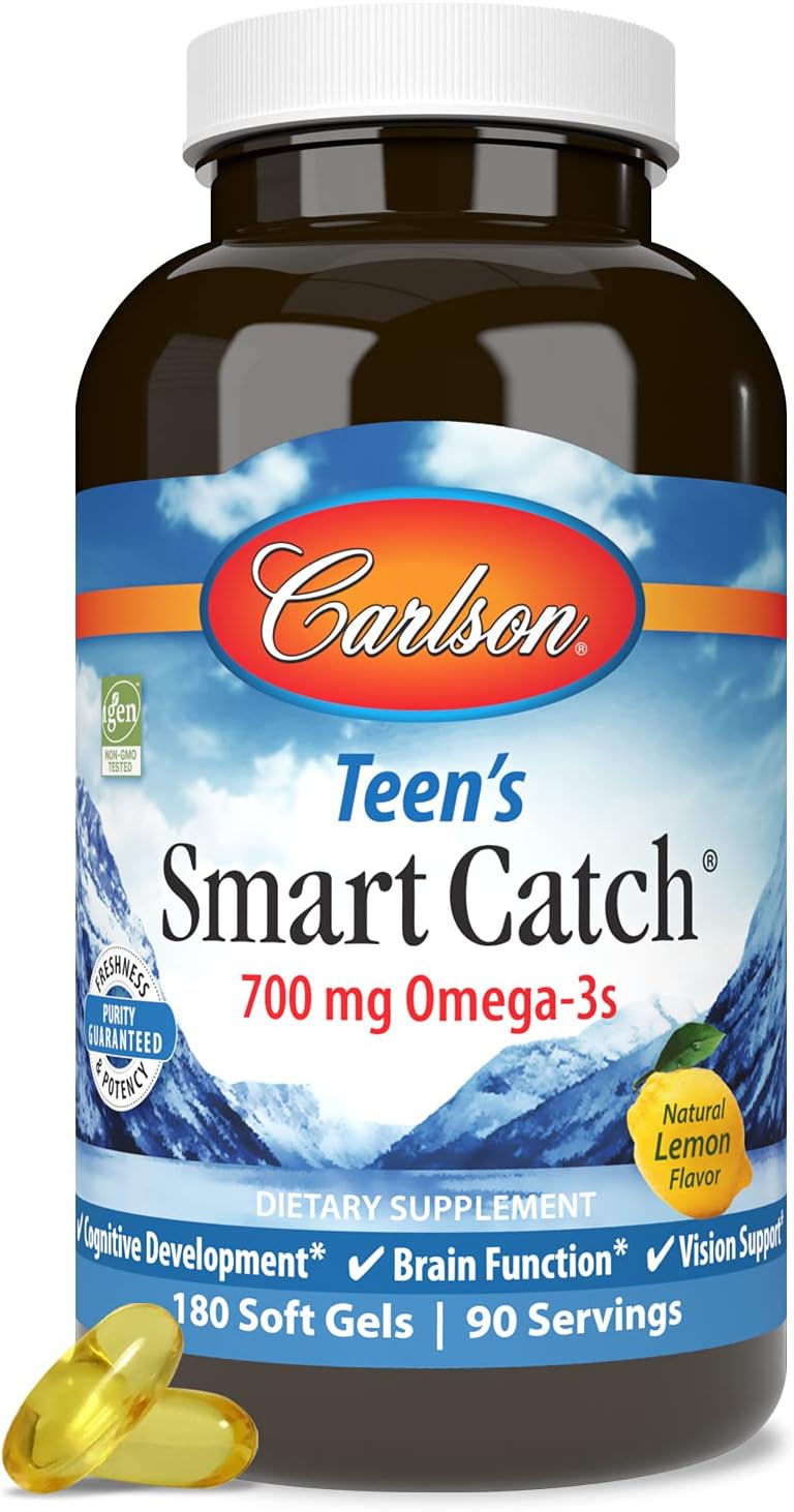 Carlson Teen's Smart Catch Omega-3s for Cognitive Development, Brain Function, and Vision Support - Lemon Flavor, 180 Softgels