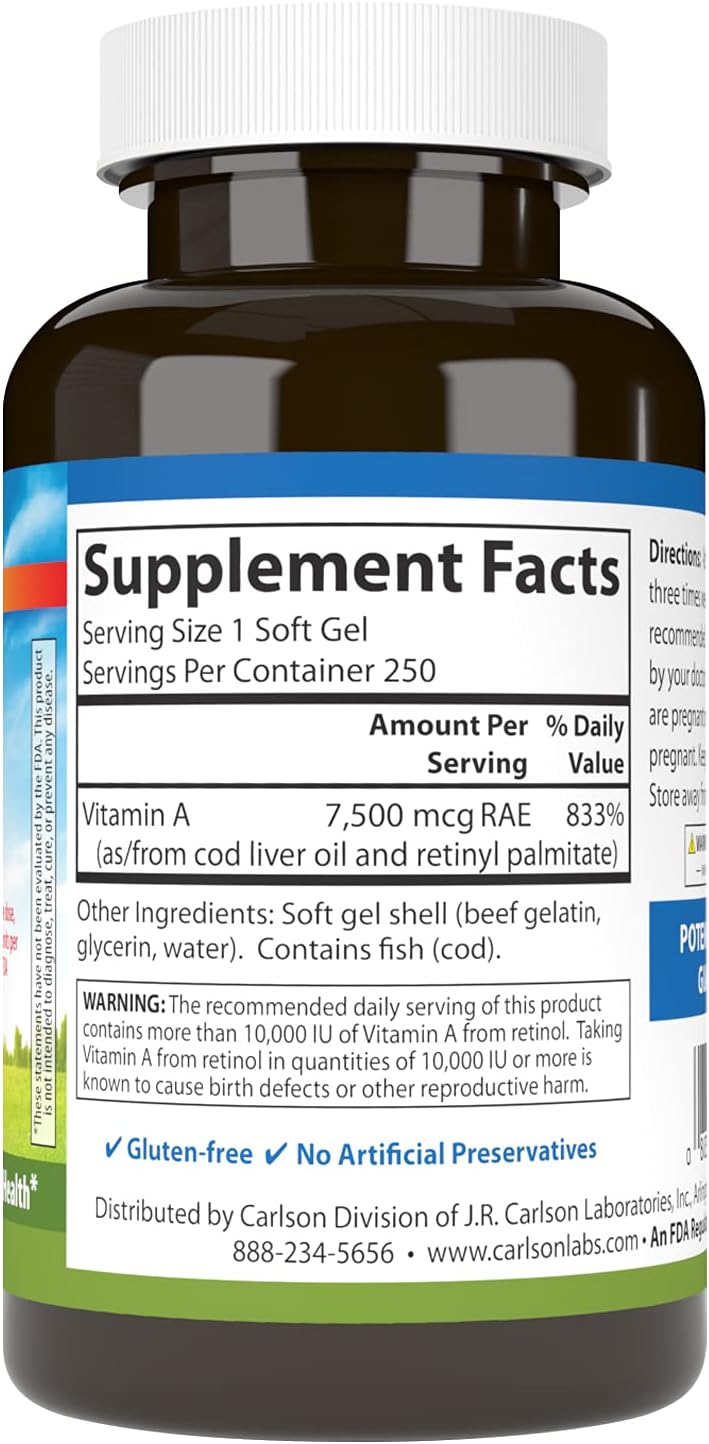 Carlson Vitamin A 25000 IU Softgels - Immune Support, Vision Health, Antioxidant Boost
